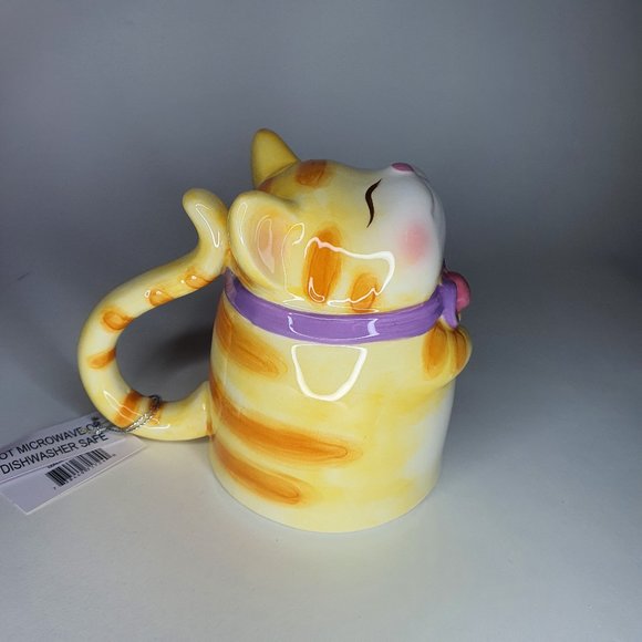Topsy Turvy Upside Down Yellow Calico Cat Mug - NWT - Picture 2 of 8